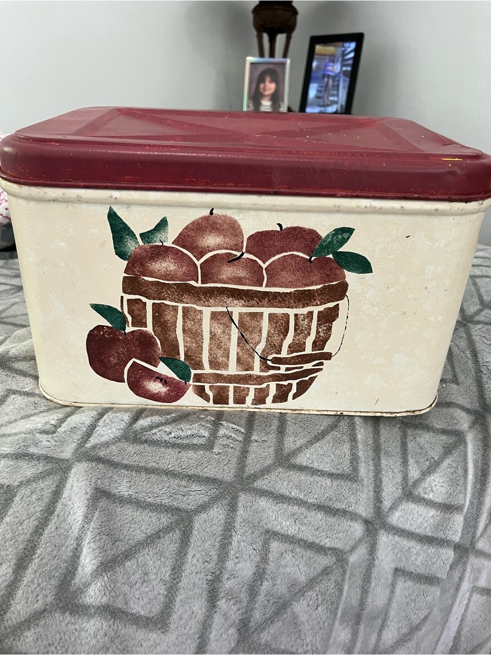 Vintage Apple Basket Tin with Burgundy Lid